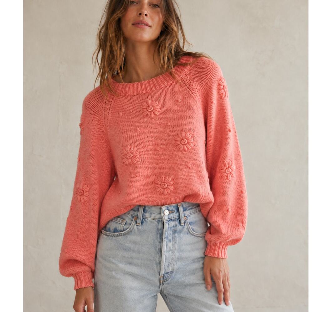 Tach Clothing M 100% Wool Jana Sweater $305 Handmade Knit Daisy Coral Pink